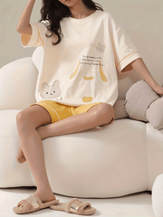 Bunny Print Pajamas Set Crew Neck Top And Shorts Pj Set Women's Sleepwear