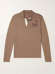 Moon Pattern Knit Polo Shirt Men's Casual Lapel Stretch V Neck Pullover