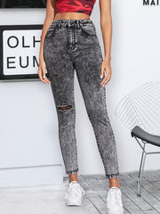 Grey Snowflake Fabrics Skinny Jeans Ripped Knee High Rise Cropped Denim Pants