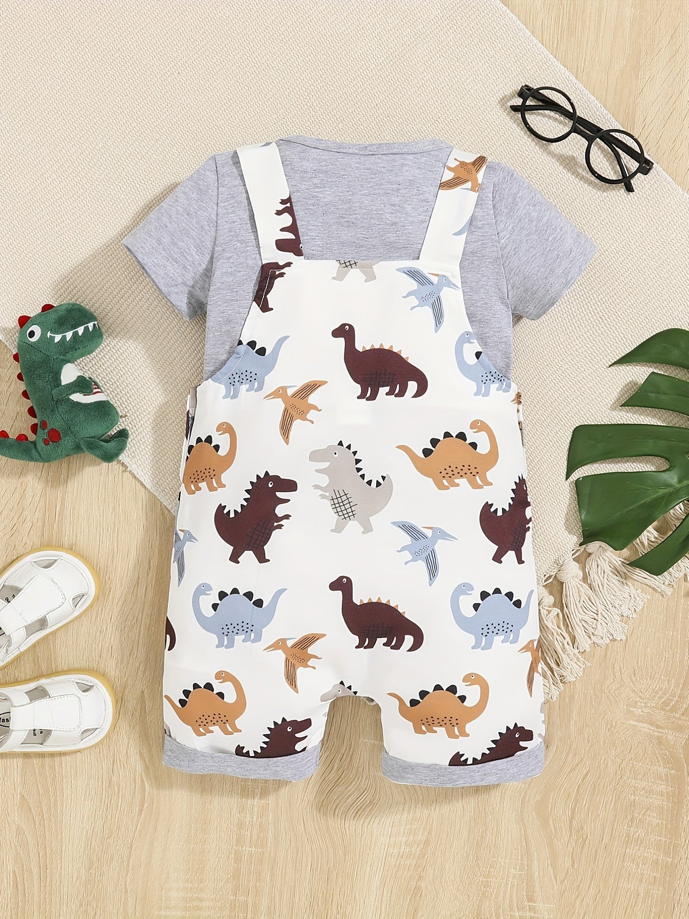 2pc Baby Boys T-shirt & Dino Print Overalls Set