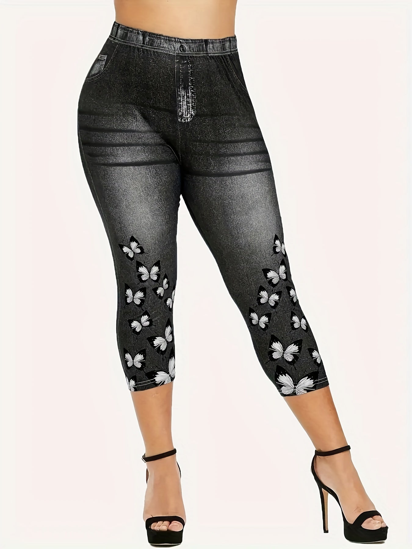 Denim & Butterfly Print Capris Leggings for Women