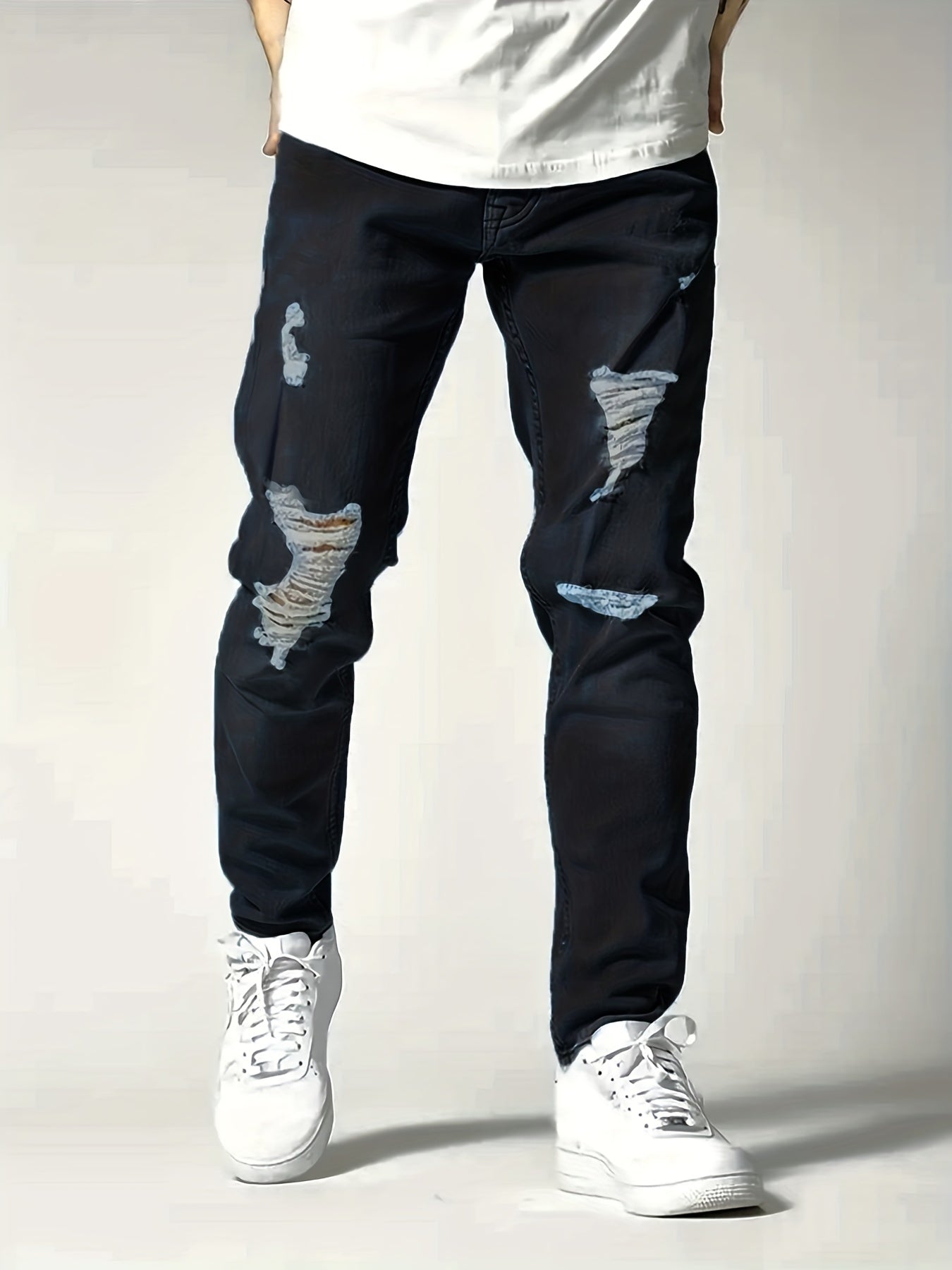 Men's Slim Fit Ripped Jeans - Distressed Denim Pants for Spring