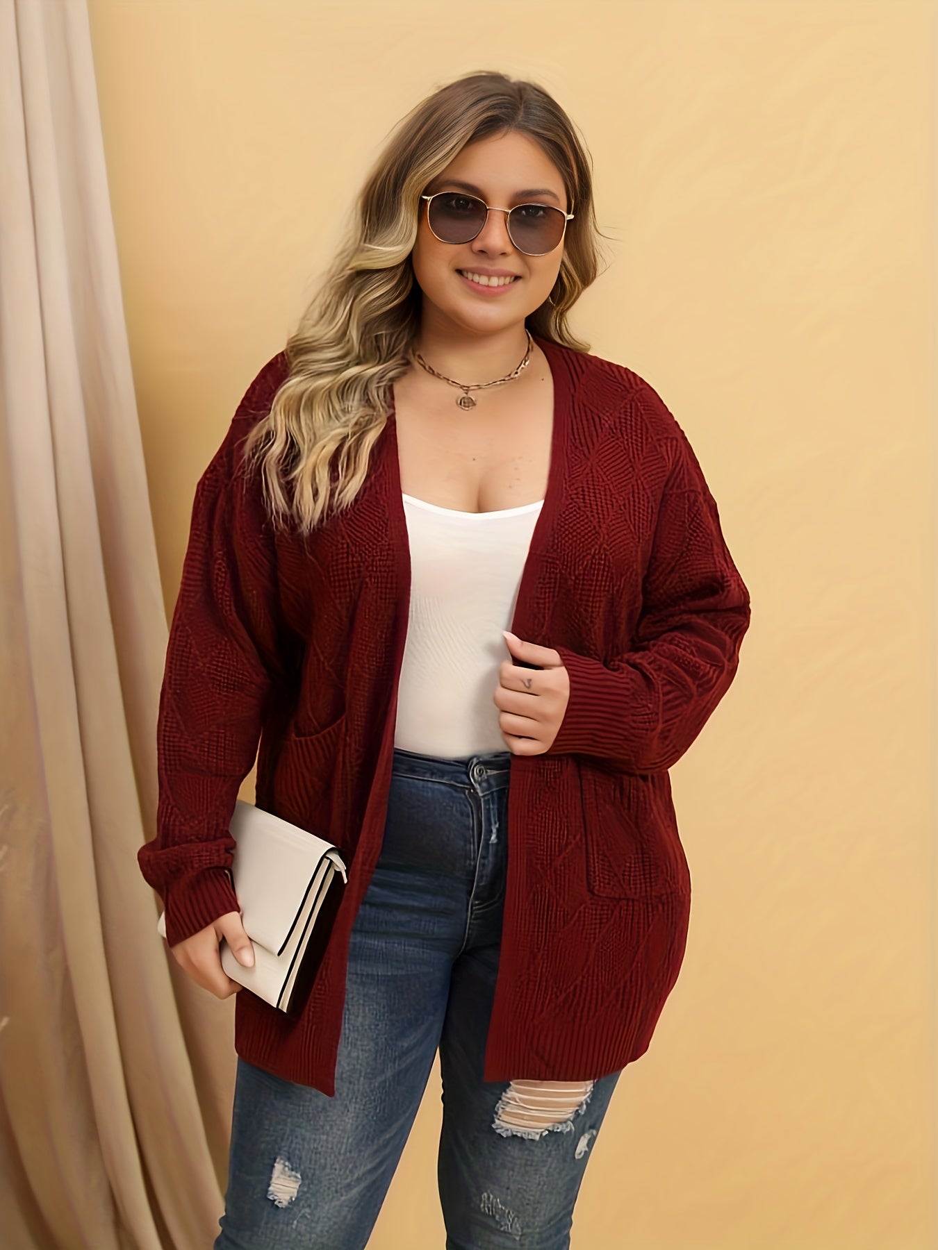 Women's Solid Argyle Long Sleeve Cardigan With Pockets