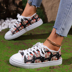 Christmas Santa Print Raw Trim Fall Round Toe Flat Skate Shoes