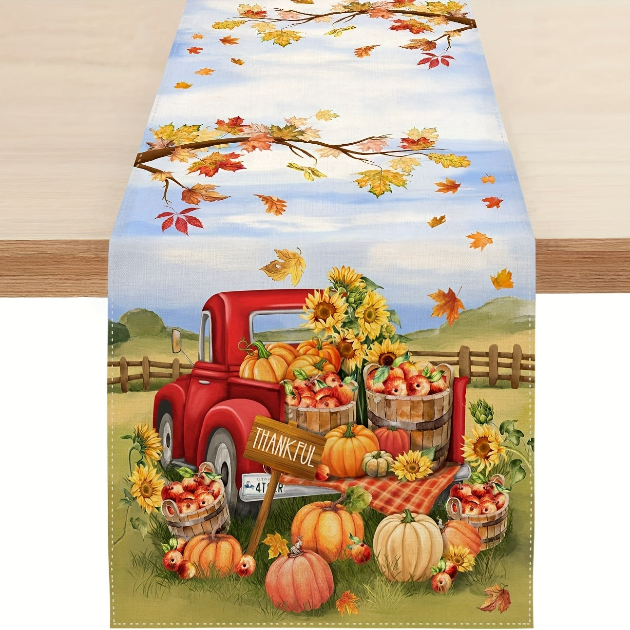 Thanksgiving Table Runner Pumpkin Truck Maple Leaf Pattern Home Decor