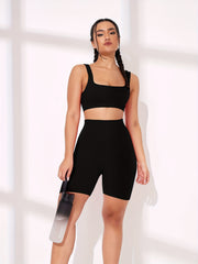 2pcs Ribbed Sports Bra & High Waist Workout Shorts Set
