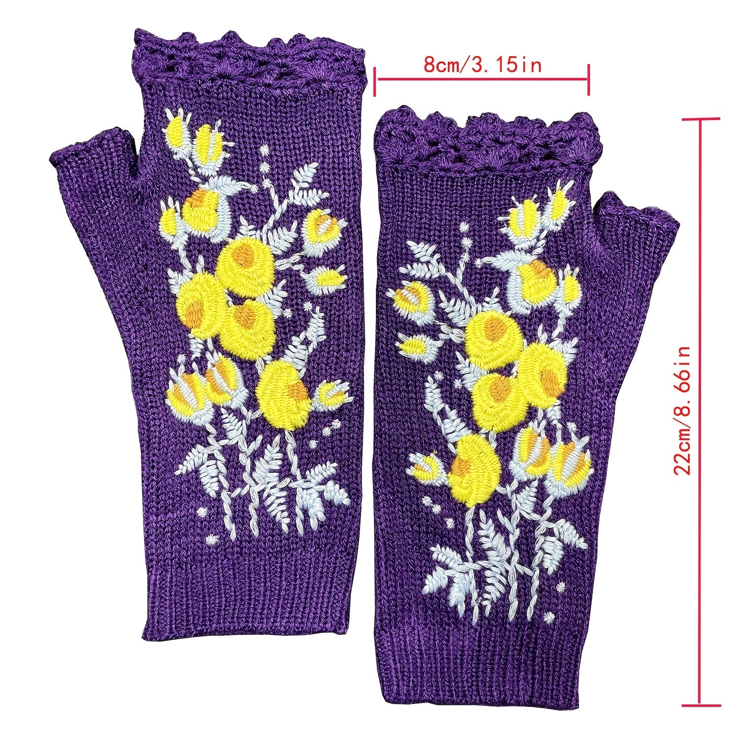 Hand Crochet Gloves Small Yellow Flower Embroidered Winter Warm Ladies Half