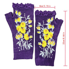 Hand Crochet Gloves Small Yellow Flower Embroidered Winter Warm Ladies Half