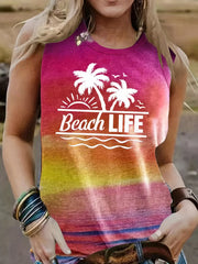 Beach & Letter Print Tank Top Sleeveless Casual Crew Neck Tank Top