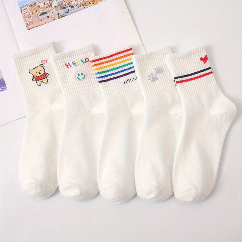 Girls Cartoon Striped Crew Socks Cotton Thin Breathable Comfy Kids Socks