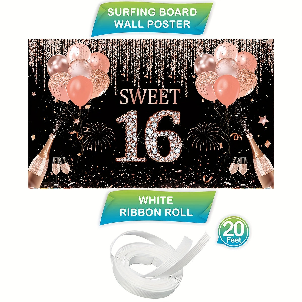 Rose Gold Sweet 16 Backdrop 44in Banner
