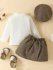3pcs Toddler Girls Long Sleeve Top & Plaid Skirt & Hat Set