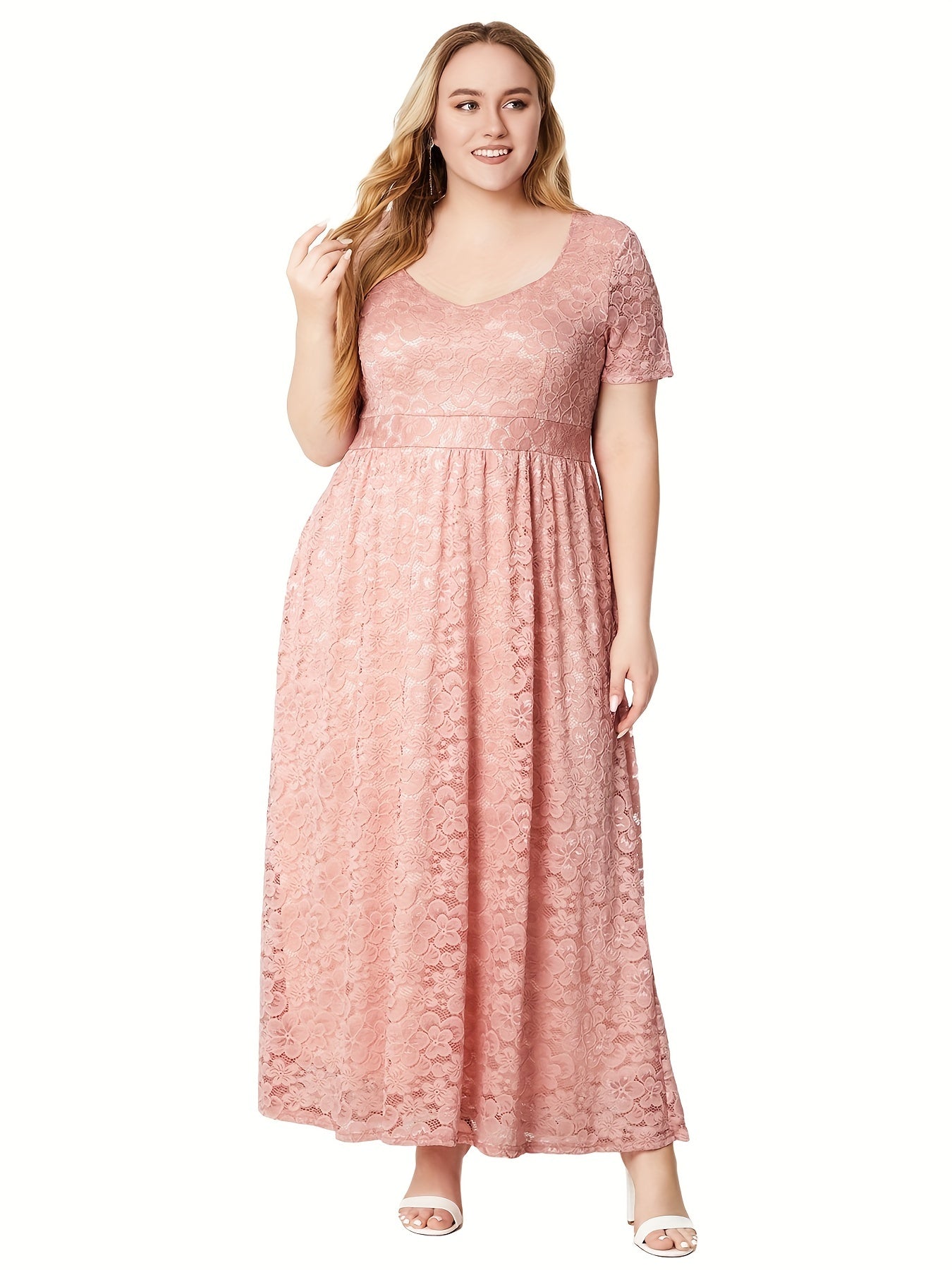 Lace Maxi Dress Scoop Neck Short Sleeve Solid Stretch