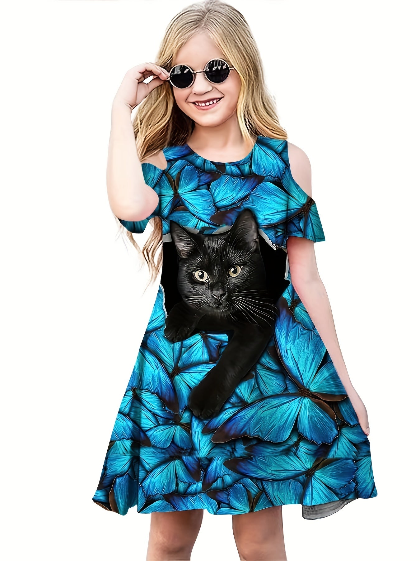 Girls 3D Cat Graphic Dress Short Sleeve Comfy Summery Party Gift