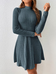 Solid Ribbed Dress Casual Mock Neck Long Sleeve Dress Women's Clothing