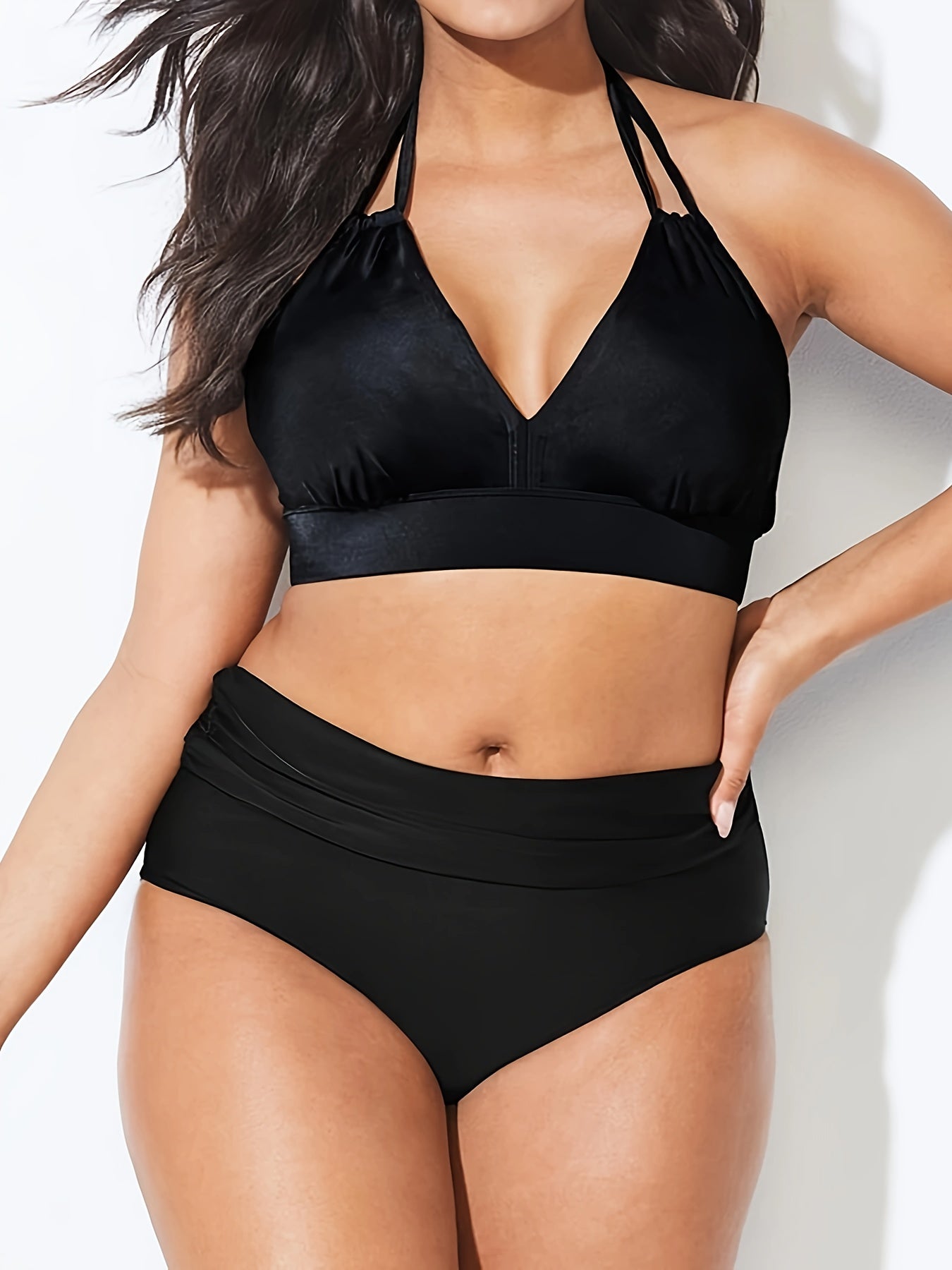 Solid V Neck Halter Bra & Panty Swimsuit Set