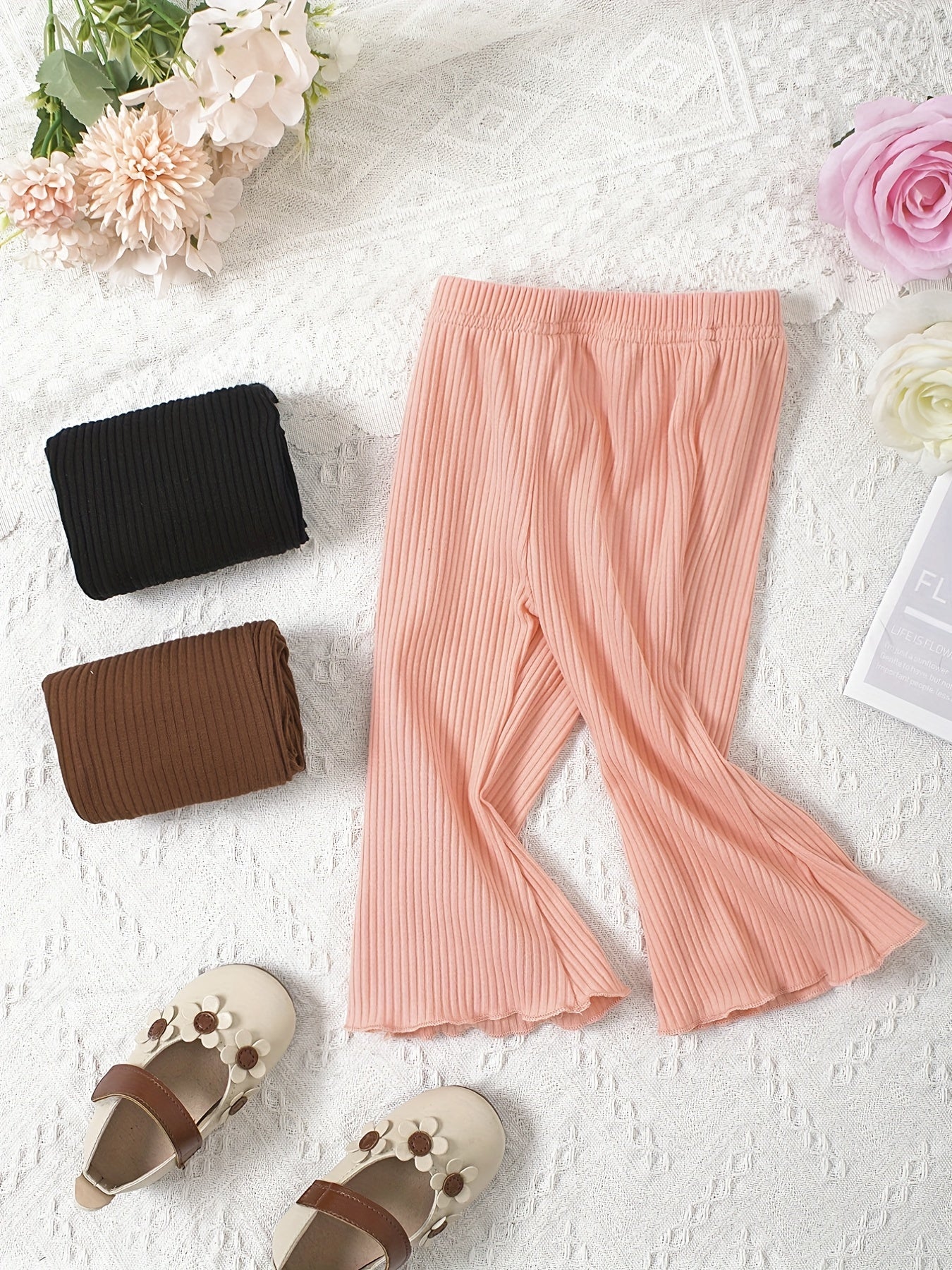 Baby Flared Pants Girls Elastic Ruffle Trim Casual Trousers 3pcs Set