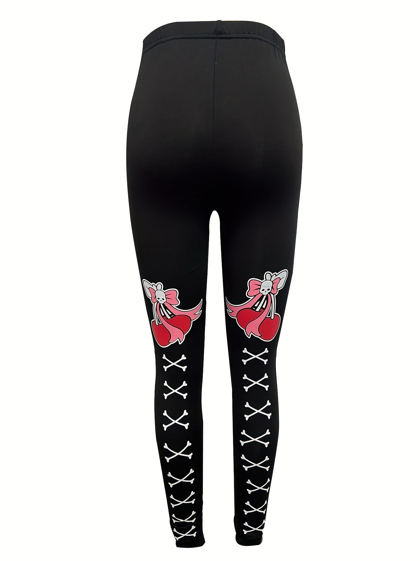 Cherry & Skull Print Skinny Leggings Casual Stretchy Leggings