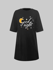 Moon & Letter Print Sleep Dress Short Sleeve Round Neck Nightdress