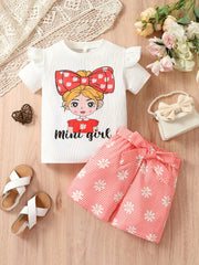 Girls Cartoon Girl Graphic Top & Camo Shorts Set