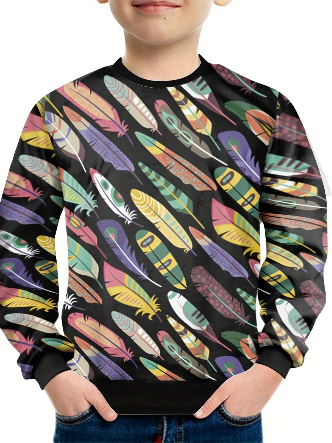 Cartoon Feather Print Kid's Sweatshirt Unisex Pullover Long Sleeve Top