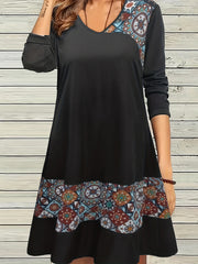 Geometric Print Long Sleeve V Neck Dress