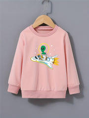 Boys Space Alien & Airplane Print Sweatshirt Crew Neck Top