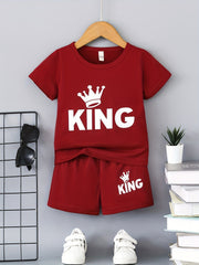 2pcs Boys Casual KING Crown Graphic Print T-shirt & Shorts Set