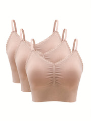 Casual Bra Set Women's Solid Ruched Bralette Three Piece Set