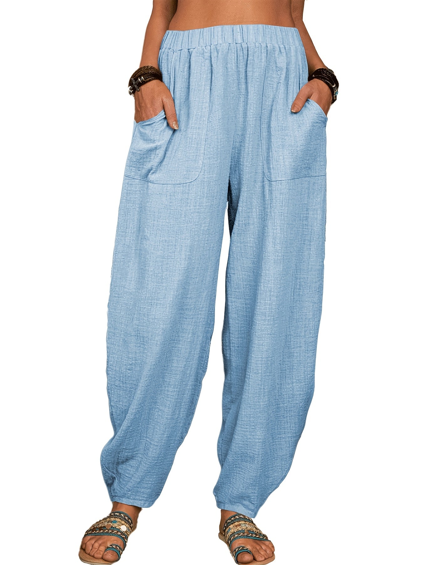 Baggy Pants With Pockets Elastic Waist Women's Clothing