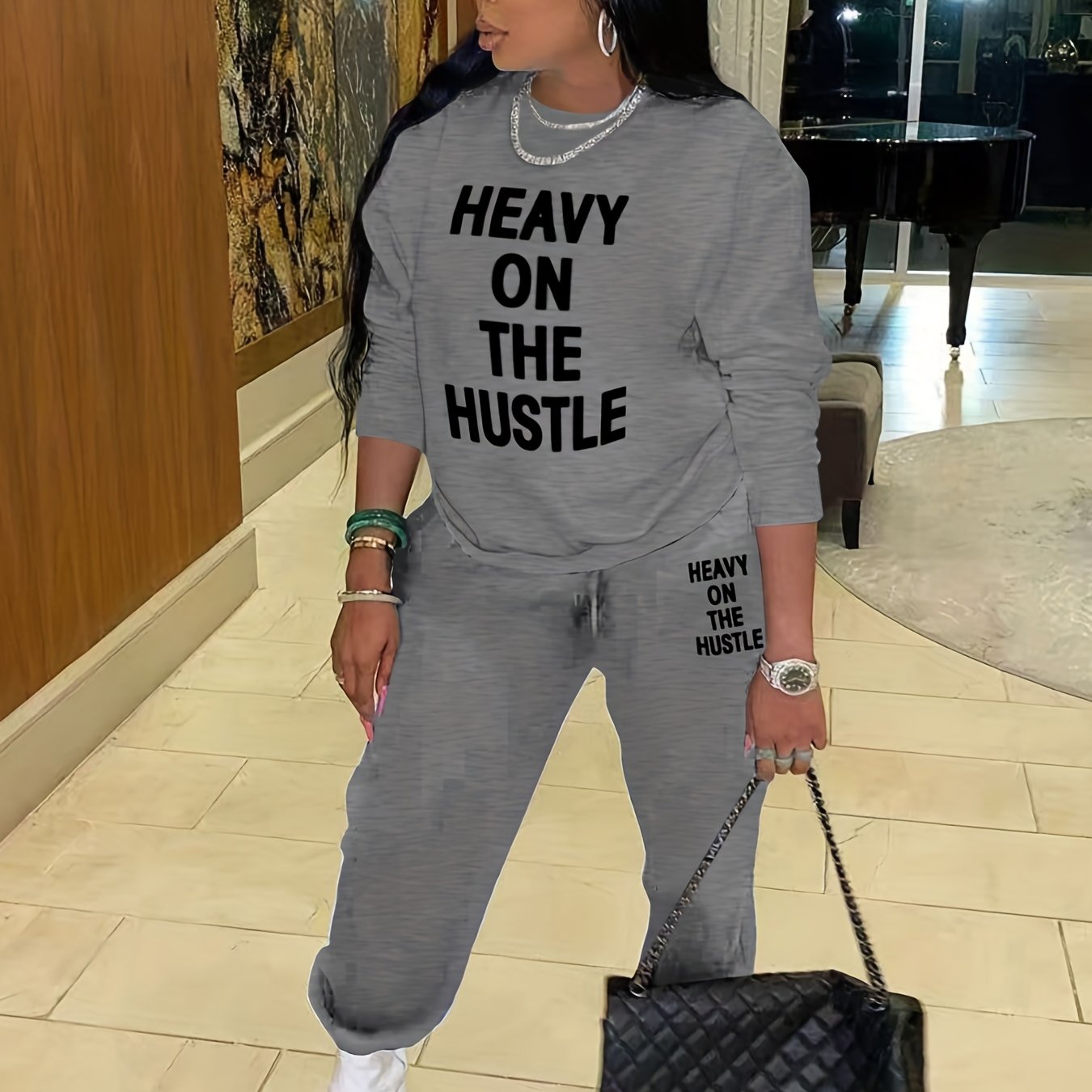 Casual Two piece Set Crew Neck Long Sleeve Tops & Drawstring Jogger Pants