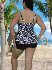 Geometric Print Knot Tank & Solid Shorts Swimsuit Set