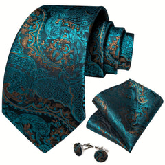 Men's Paisley Silk Wedding Tie Set with Hanky and Cufflinks