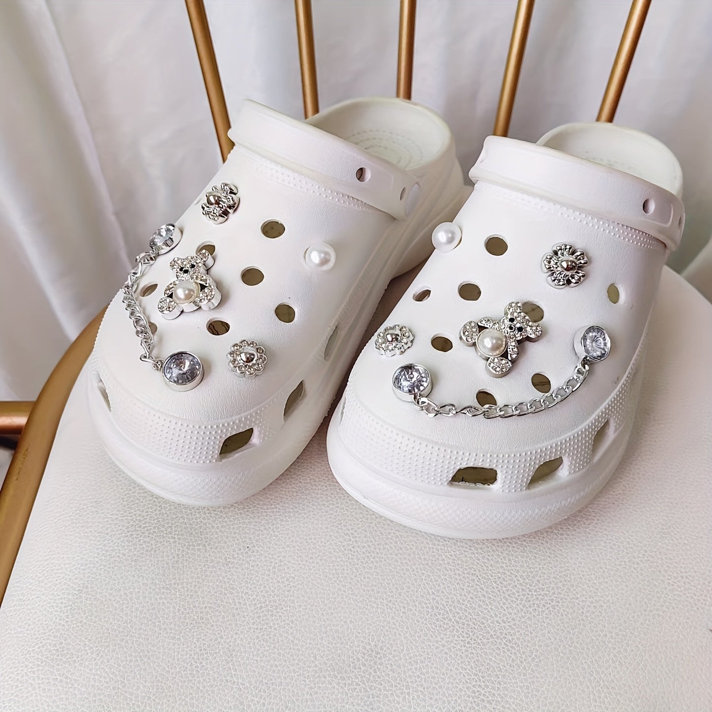 12pcs Rhinestone Bear & Metal Chain Shoe Charms for Clogs Garden Shoes DIY