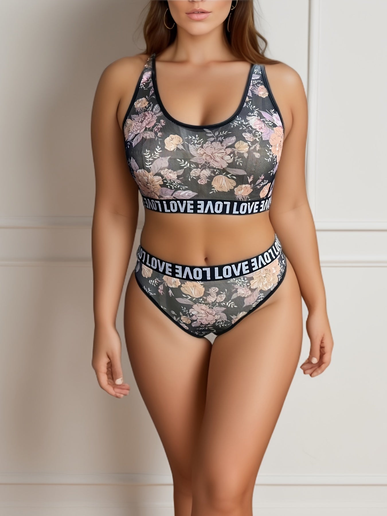 Floral Print Letter Tape Bra & Panty Set