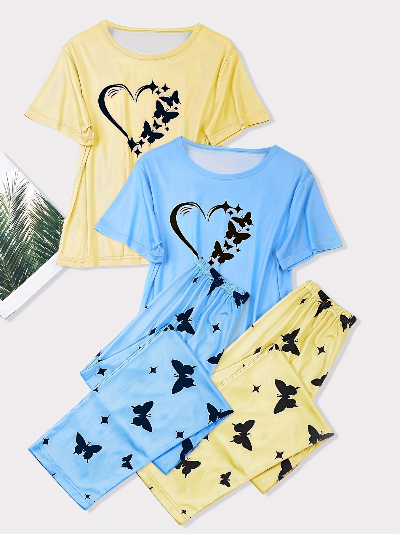 Heart Print Pajamas Set & Butterfly Print Pants