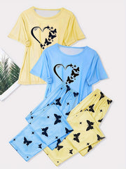 Heart Print Pajamas Set & Butterfly Print Pants