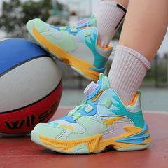 Boy's Color Block Basketball Shoes - Rotating Buckle Non Slip Sneakers
