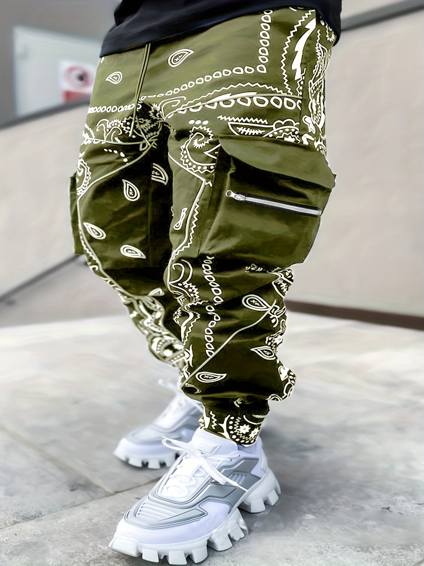 Paisley Pocket Drawstring Loose Cargo Pants Men's Casual Street Style Joggers