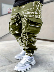 Paisley Pocket Drawstring Loose Cargo Pants Men's Casual Street Style Joggers