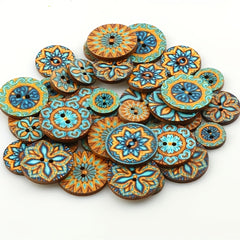100pcs Wooden Sewing Buttons Flower Painting Round 2 Hole Bohemian Buttons