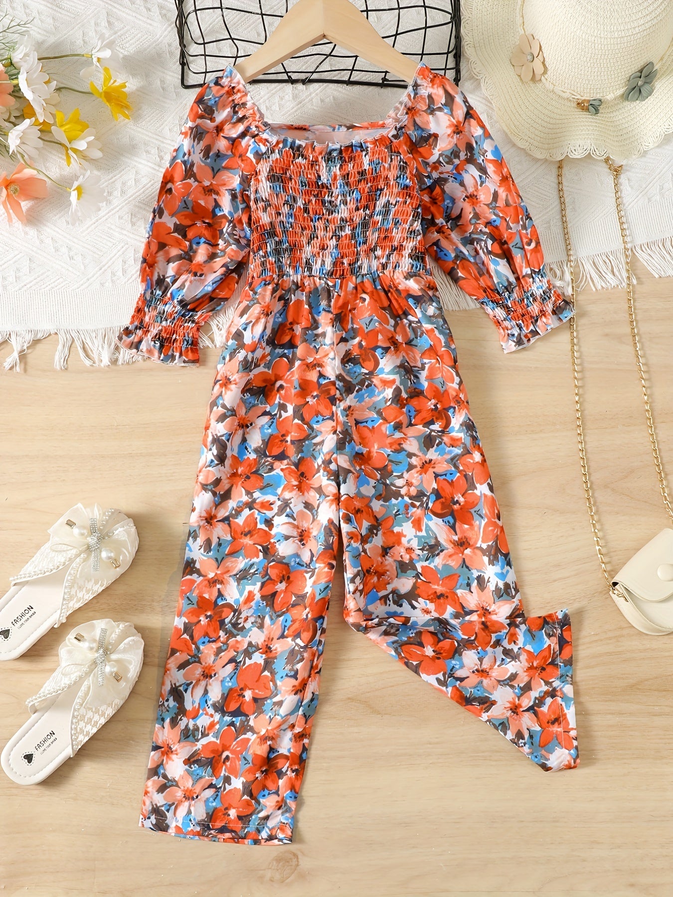 Girls Floral Print Square Neck Long Sleeve Jumpsuit