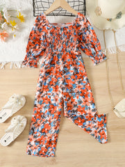 Girls Floral Print Square Neck Long Sleeve Jumpsuit