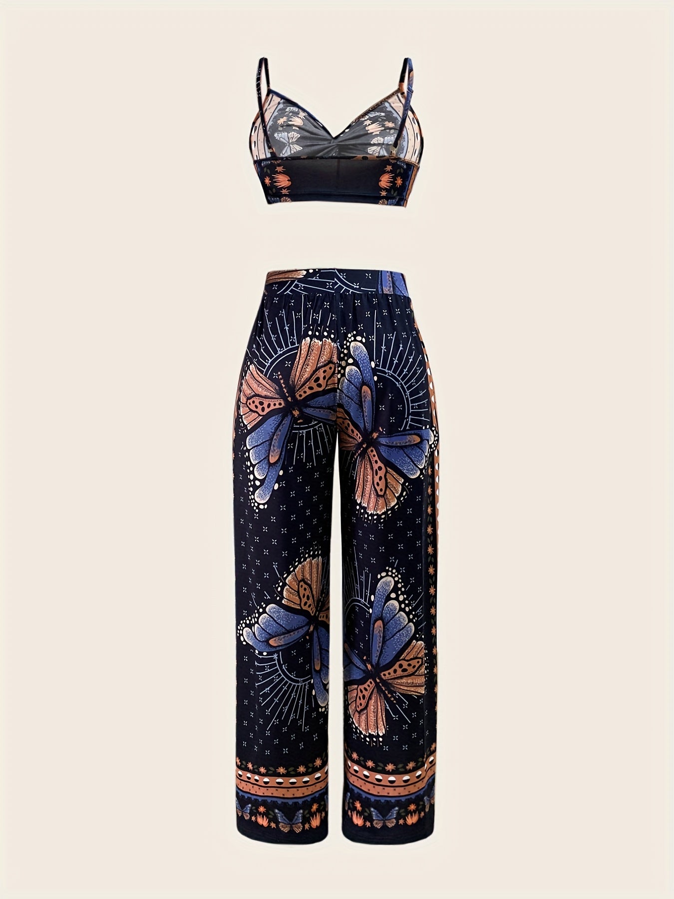 Butterfly Print Set Twist Crop Cami & Wide Leg Pants