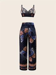 Butterfly Print Set Twist Crop Cami & Wide Leg Pants