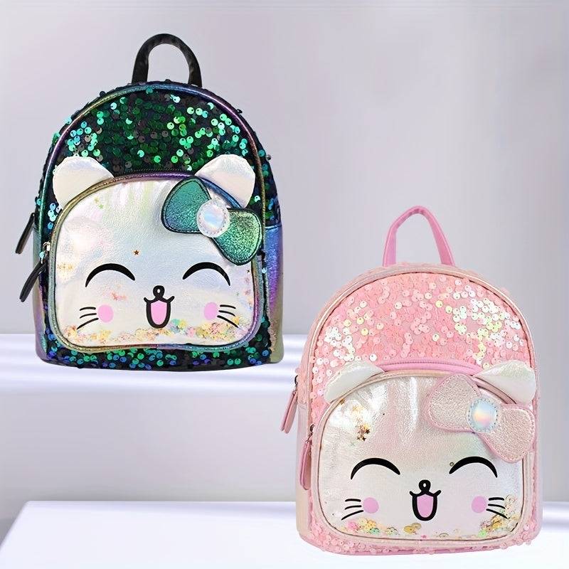 Kids Cartoon Cat Sequin Backpack Mini Waterproof PU Leather Glitter Bag
