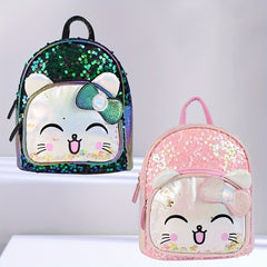 Kids Cartoon Cat Sequin Backpack Mini Waterproof PU Leather Glitter Bag