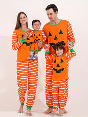 Pumpkin Print Halloween Pajama Set Long Sleeve Crew Neck Top & Striped Pants