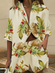 Tropical Print Button Up Skirt & Shorts Outfit Set