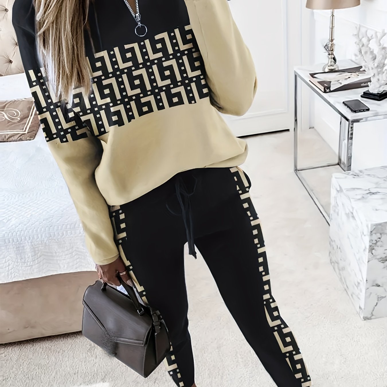 Graphic Print Two piece Set Block Zipper Tops & Drawstring Pants Outfits